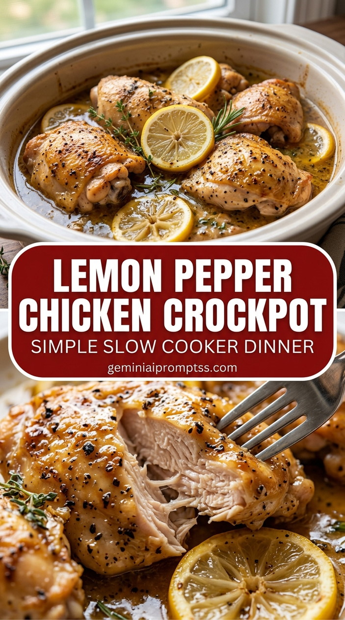 Lemon pepper chicken crockpot with bite-size chicken pieces with browned edges, glossy sauce, and fresh garnish