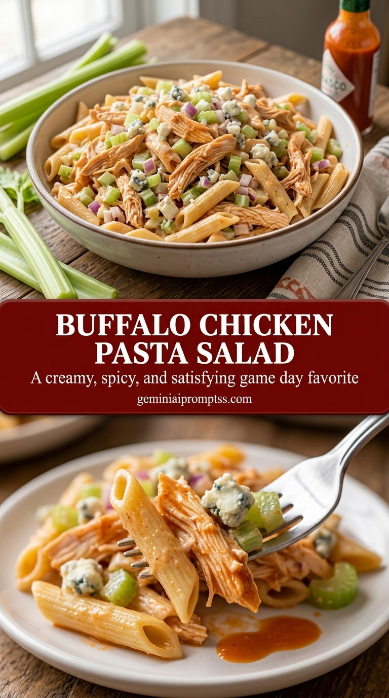 Buffalo chicken pasta salad with bow ties, tender chicken, creamy buffalo sauce, and celery