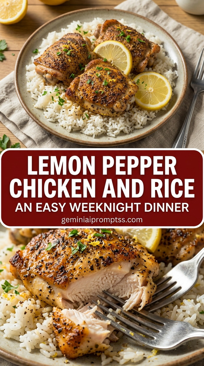 Lemon pepper chicken and rice with bite-size chicken pieces with browned edges, glossy sauce, and fresh garnish