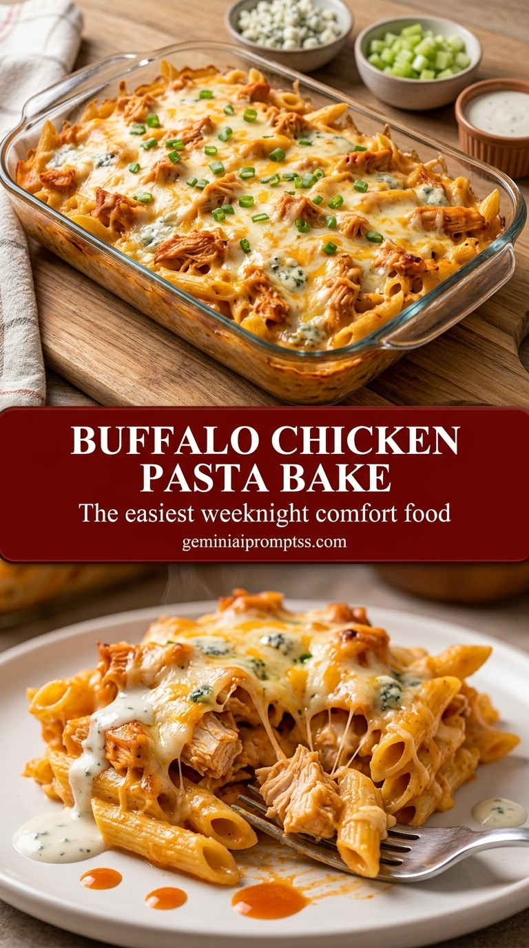 Buffalo chicken pasta bake with rigatoni, tender chicken, creamy buffalo sauce, and spinach