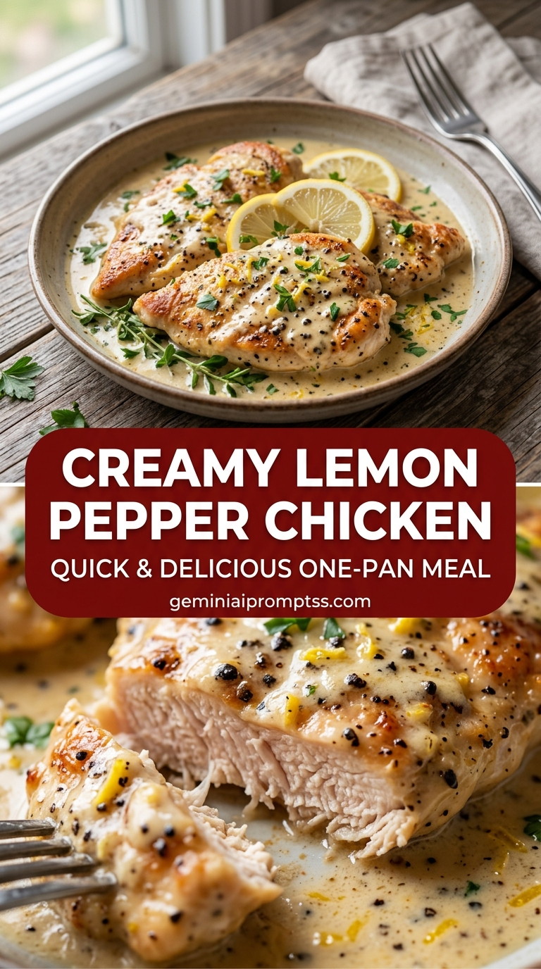 Creamy lemon pepper chicken with bite-size chicken pieces with browned edges, glossy sauce, and fresh garnish