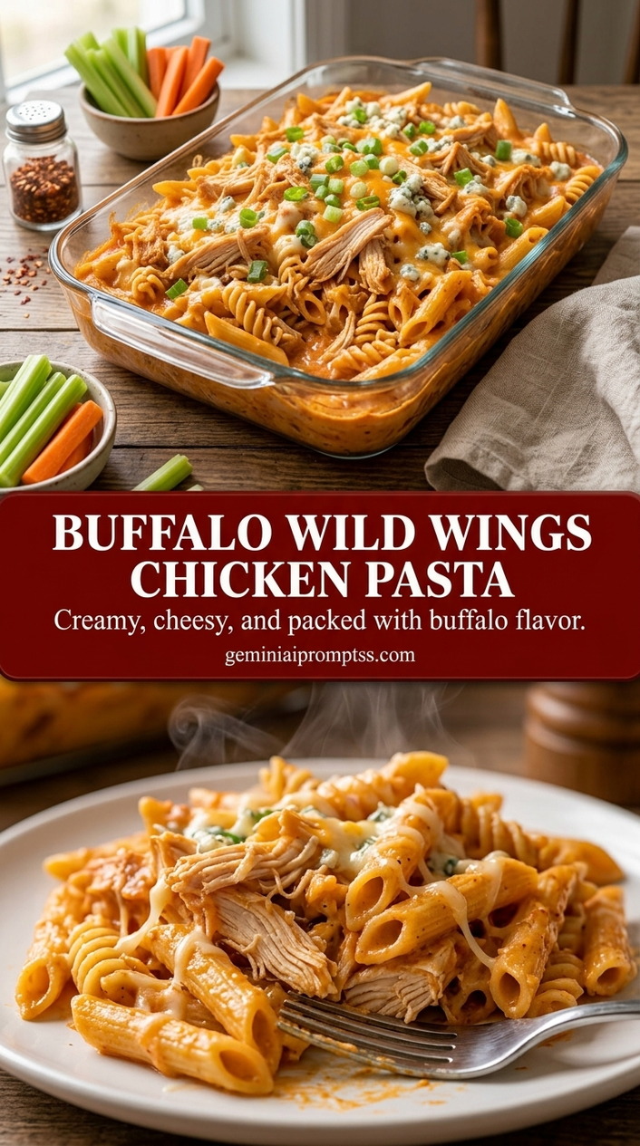 Buffalo wild wings chicken pasta with cavatappi, tender chicken, creamy buffalo sauce, and red pepper