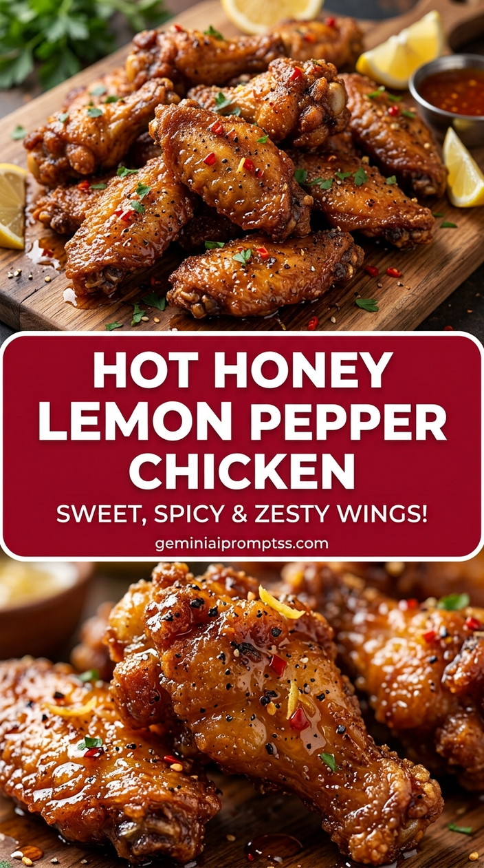 Hot honey lemon pepper chicken with bite-size chicken pieces with browned edges, glossy sauce, and fresh garnish