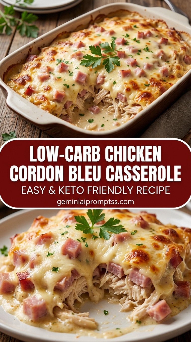 Low-carb chicken cordon bleu casserole with tender chicken and creamy Dijon cheese sauce