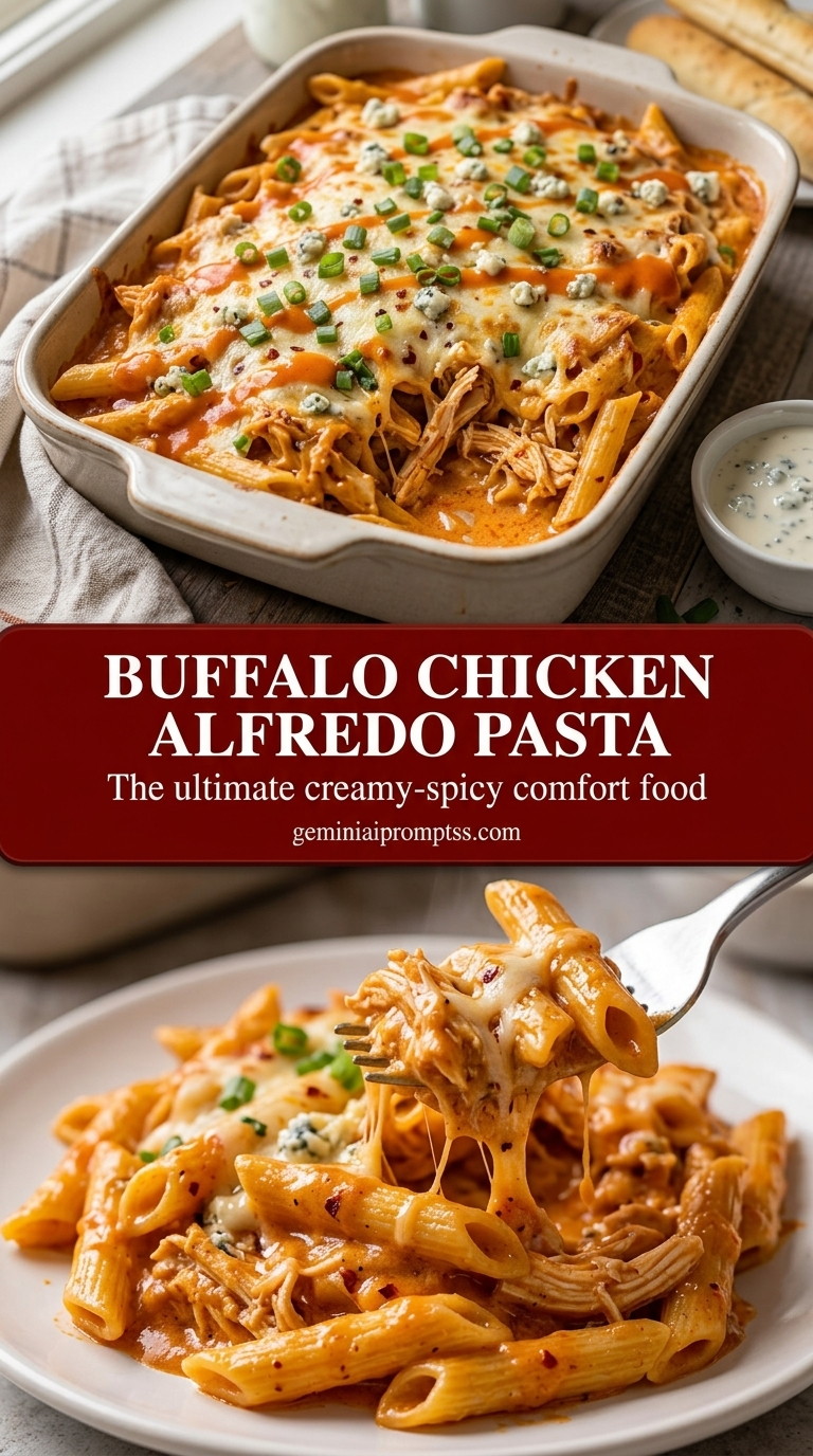 Buffalo chicken alfredo pasta with linguine, tender chicken, creamy buffalo sauce, and mushroom