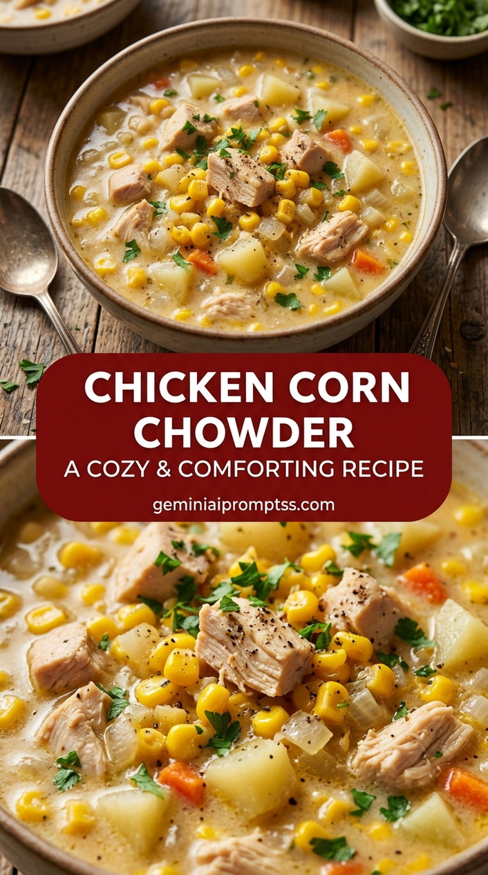 Chicken corn chowder with bite-size chicken pieces with browned edges, glossy sauce, and fresh garnish
