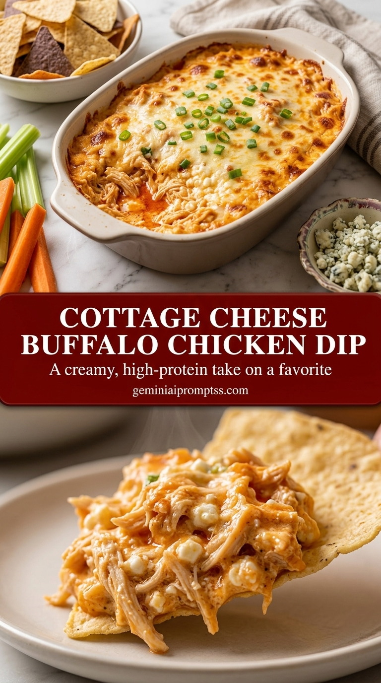 Cottage cheese buffalo chicken dip with creamy Frank’s sauce chicken dip, melted Colby Jack, and chives