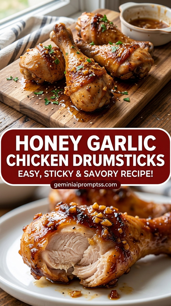 Honey garlic chicken drumsticks with bone-in chicken pieces with juicy meat near the bone, glossy sauce, and fresh garnish