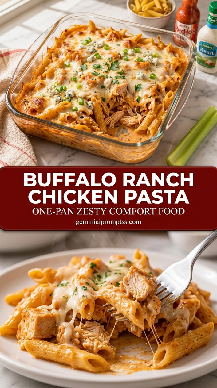 Buffalo ranch chicken pasta with rotini, tender chicken, creamy buffalo sauce, and peas