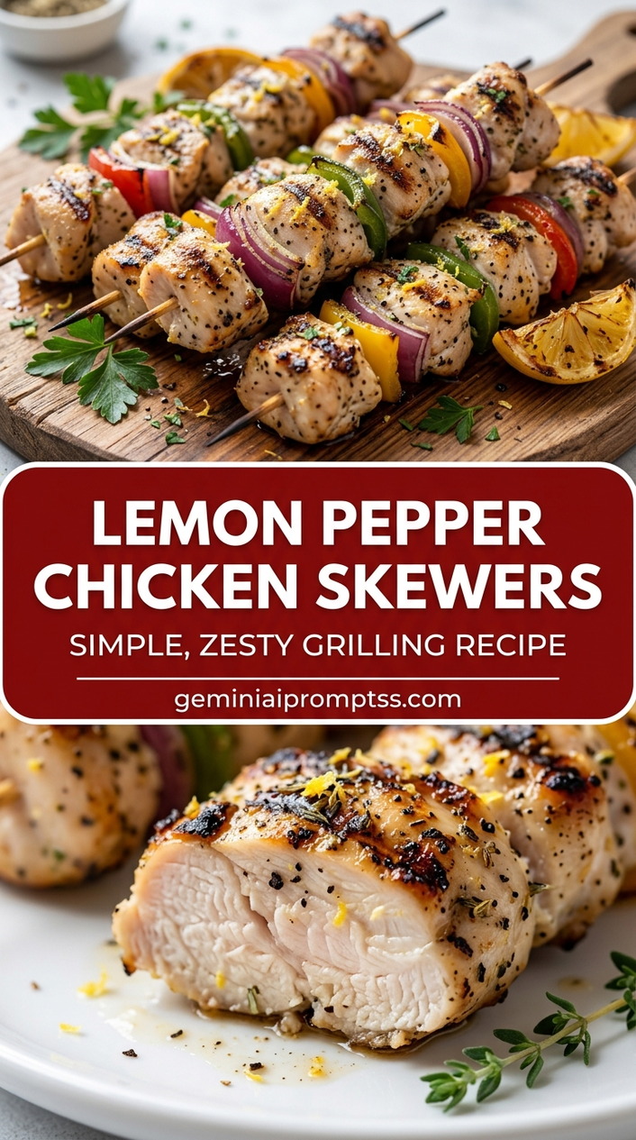 Lemon pepper chicken skewers with bite-size chicken pieces with browned edges, glossy sauce, and fresh garnish