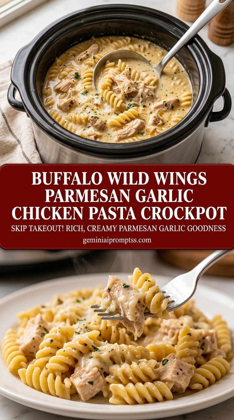 Buffalo wild wings parmesan garlic chicken pasta crockpot with fusilli, tender chicken, creamy buffalo sauce, and spinach