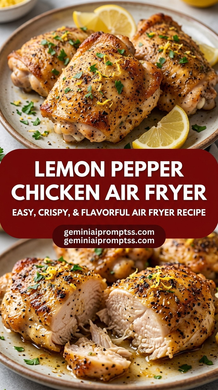 Lemon pepper chicken air fryer with bite-size chicken pieces with browned edges, glossy sauce, and fresh garnish