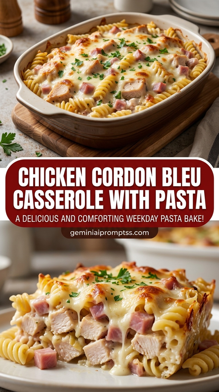Chicken cordon bleu casserole with pasta with tender chicken and creamy Dijon cheese sauce