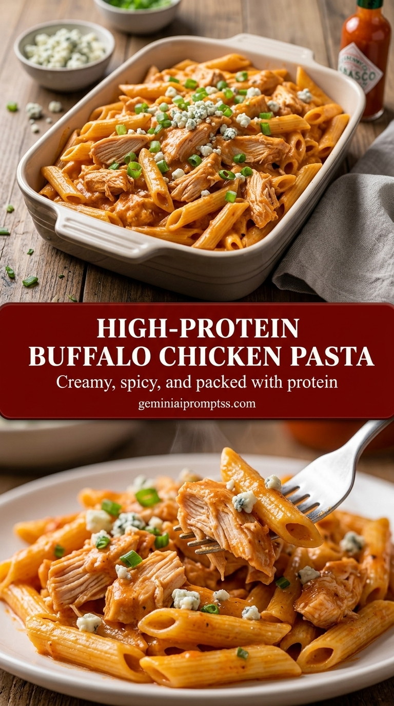 High-protein buffalo chicken pasta with chickpea pasta, tender chicken, creamy buffalo sauce, and spinach