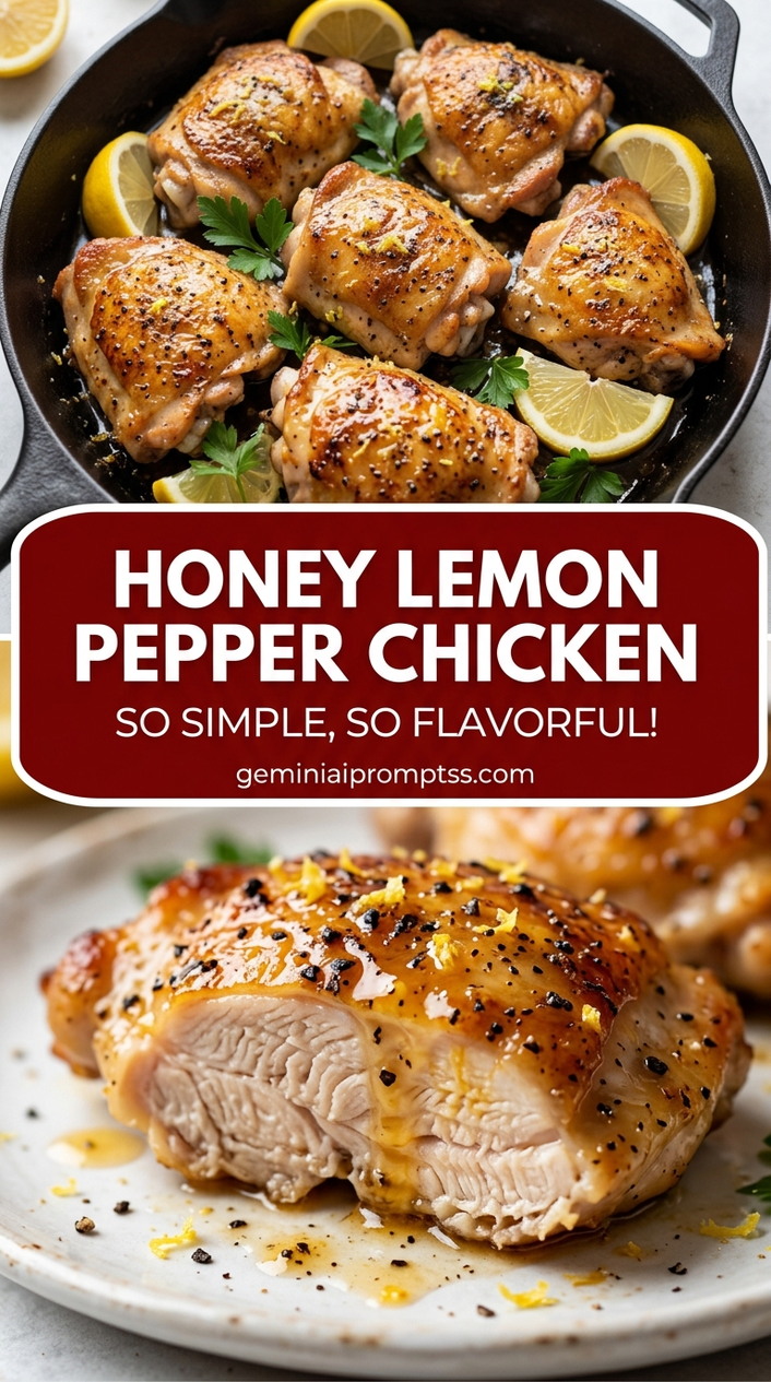 Honey lemon pepper chicken with bite-size chicken pieces with browned edges, glossy sauce, and fresh garnish