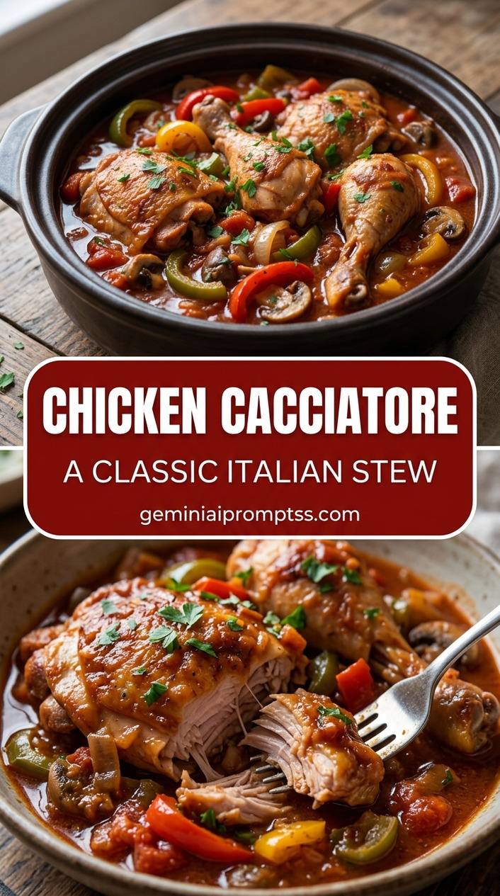 Chicken cacciatore with tender chicken and rustic tomato and herb sauce