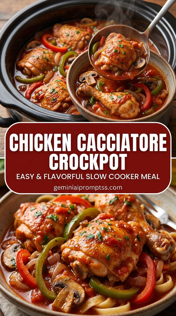 Chicken cacciatore crockpot with tender chicken and rustic tomato and herb sauce
