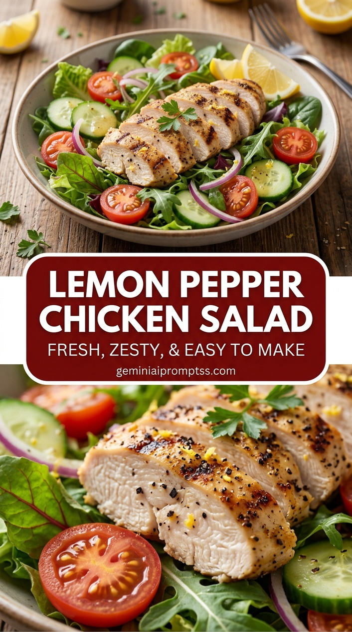 Lemon pepper chicken salad with bite-size chicken pieces with browned edges, glossy sauce, and fresh garnish
