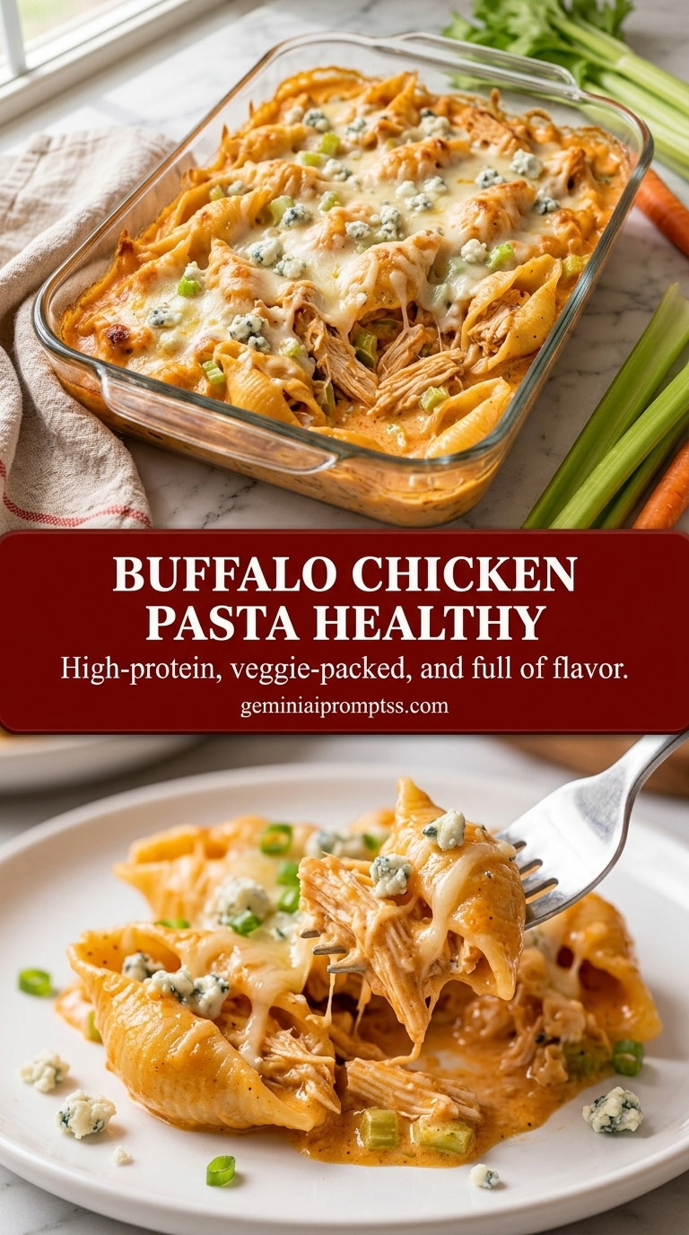 Buffalo chicken pasta healthy with whole-wheat penne, tender chicken, creamy buffalo sauce, and broccoli