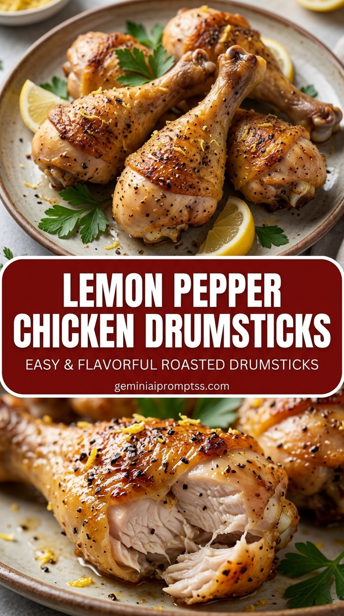 Lemon pepper chicken drumsticks with bone-in chicken pieces with juicy meat near the bone, glossy sauce, and fresh garnish