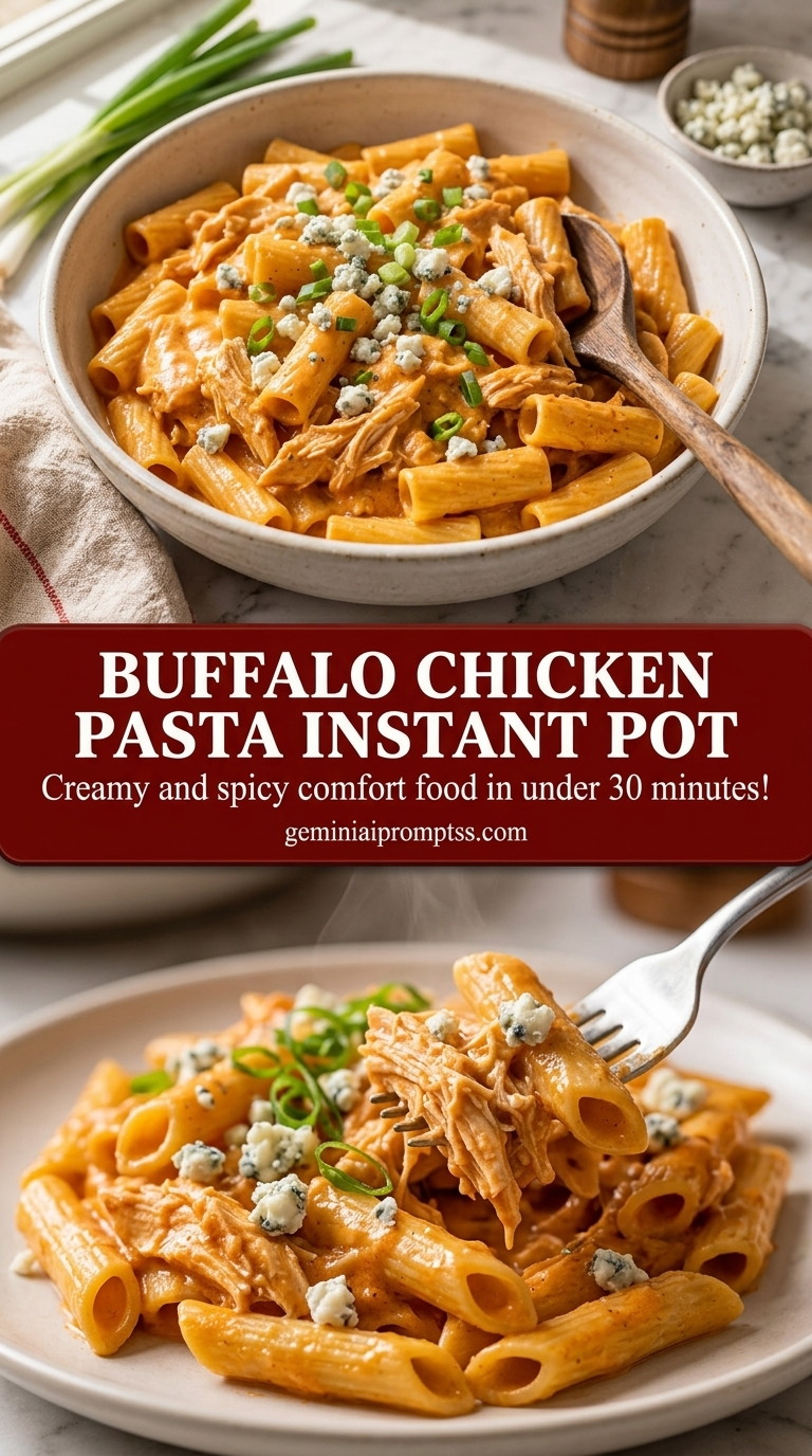 Buffalo chicken pasta Instant Pot with elbows, tender chicken, creamy buffalo sauce, and corn