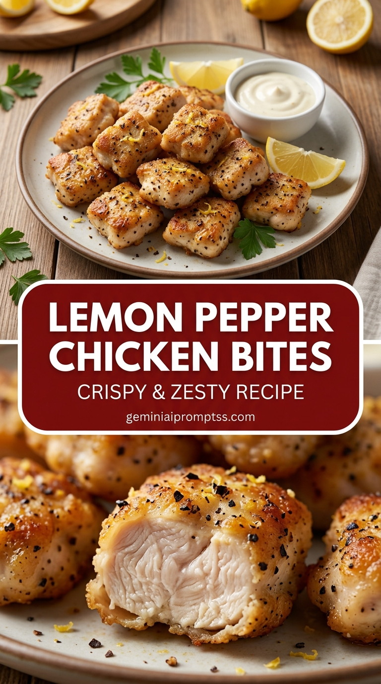 Lemon pepper chicken bites with bite-size chicken pieces with browned edges, glossy sauce, and fresh garnish