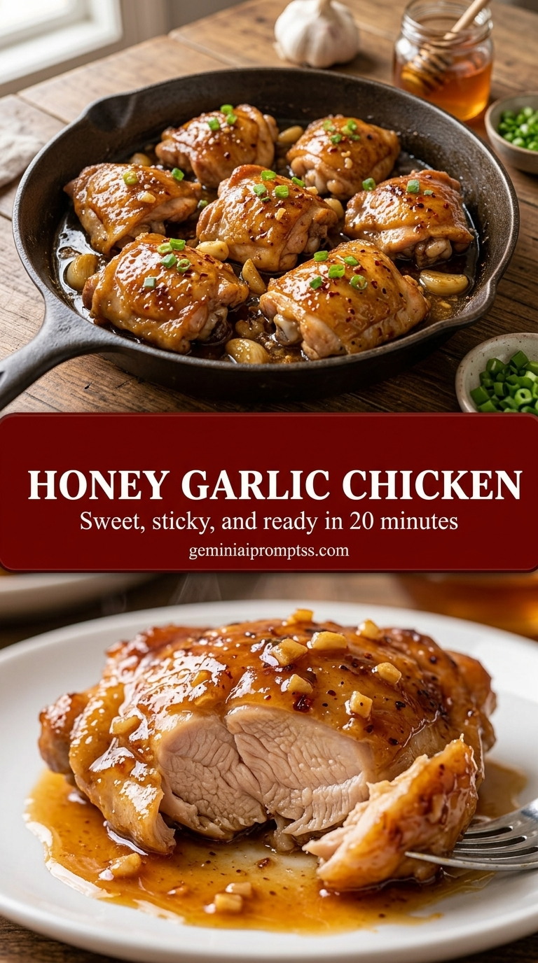 Honey garlic chicken with glossy honey garlic glaze, browned chicken, garlic, and sesame seeds