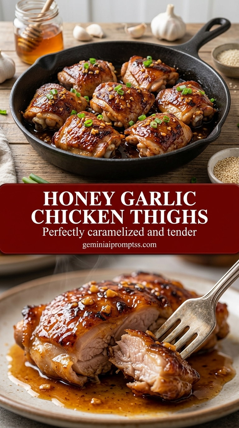 Honey garlic chicken thighs with glossy honey garlic glaze, browned chicken, garlic, and scallion
