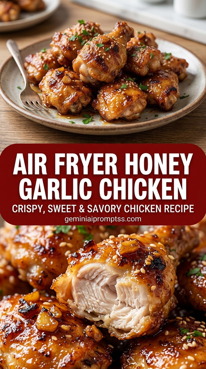 Air fryer honey garlic chicken with bite-size chicken pieces with browned edges, glossy sauce, and fresh garnish