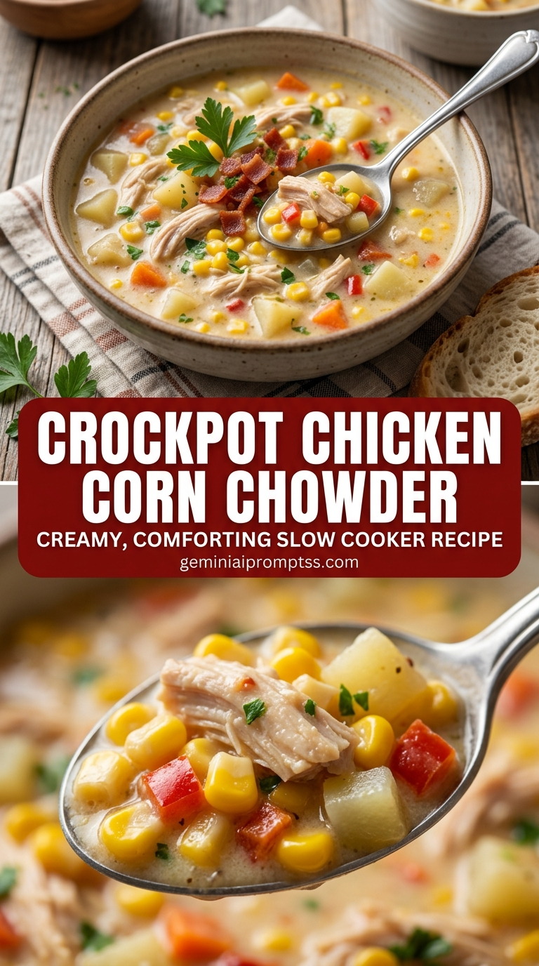 Crockpot chicken corn chowder with bite-size chicken pieces with browned edges, glossy sauce, and fresh garnish