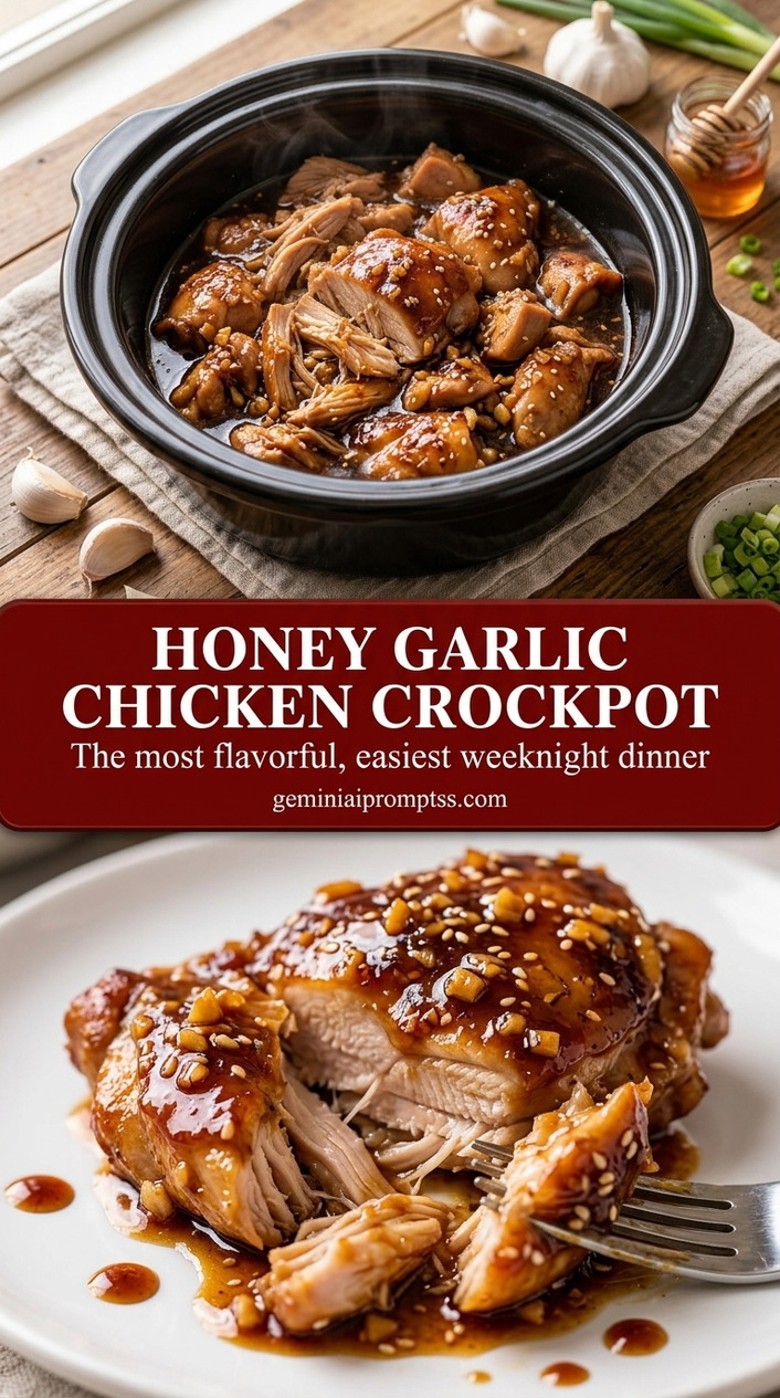 Honey garlic chicken crockpot with glossy honey garlic glaze, browned chicken, garlic, and sesame seeds
