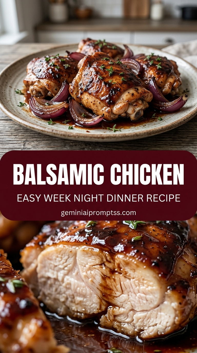 Balsamic chicken with bite-size chicken pieces with browned edges, glossy sauce, and fresh garnish