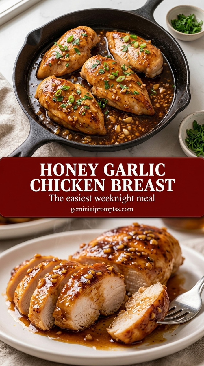 Honey garlic chicken breast with glossy honey garlic glaze, browned chicken, garlic, and parsley