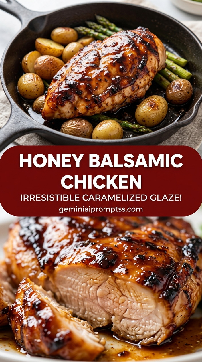 Honey balsamic chicken with bite-size chicken pieces with browned edges, glossy sauce, and fresh garnish