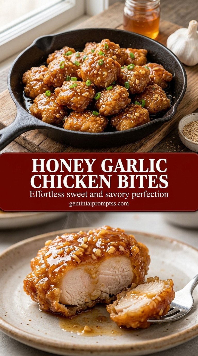 Honey garlic chicken bites with glossy honey garlic glaze, browned chicken, garlic, and sesame seeds