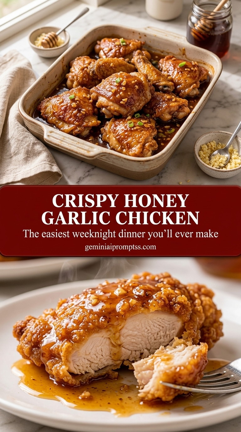 Crispy honey garlic chicken with glossy honey garlic glaze, browned chicken, garlic, and green onion