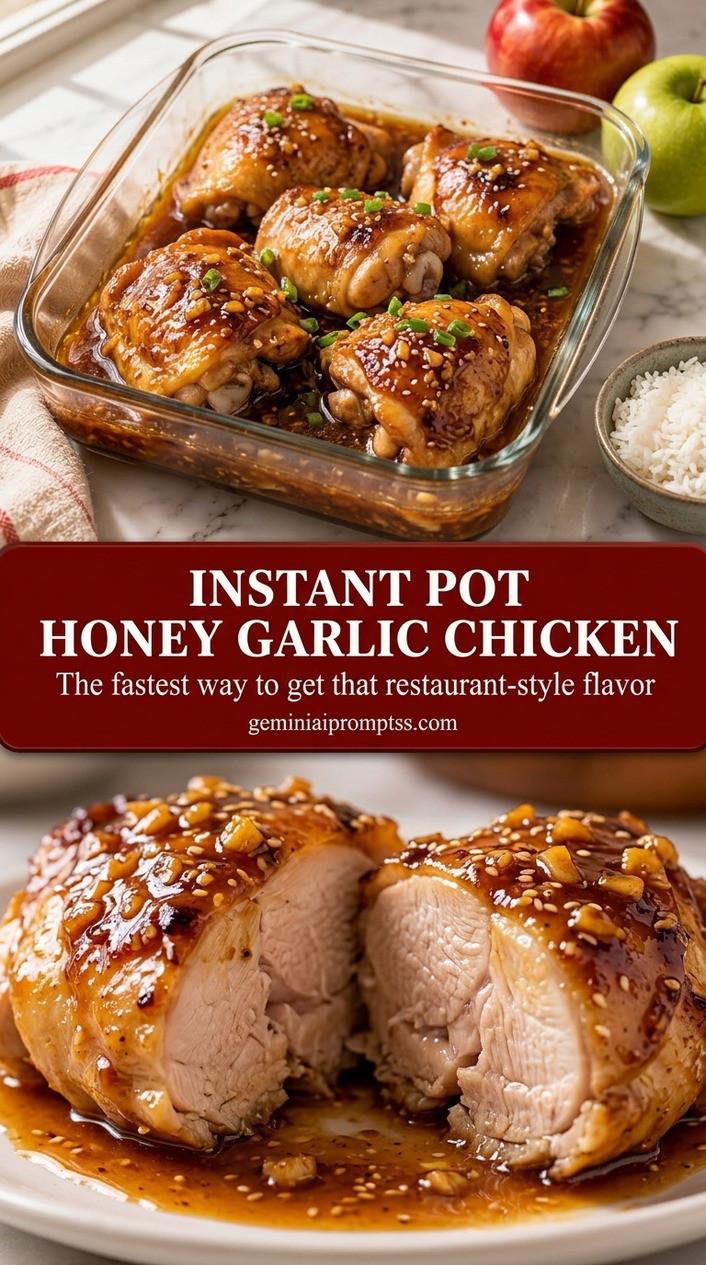 Instant Pot honey garlic chicken with glossy honey garlic glaze, browned chicken, garlic, and sesame seeds