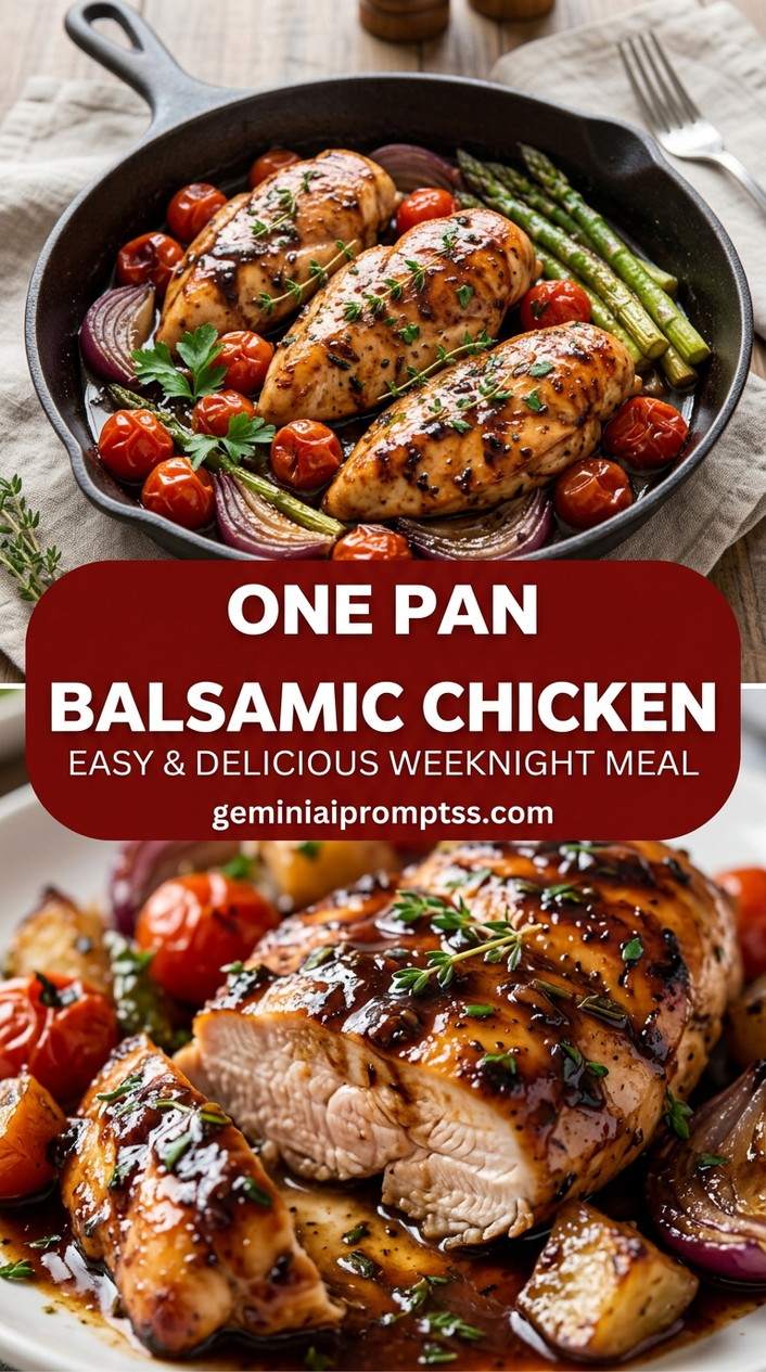 One pan balsamic chicken with bite-size chicken pieces with browned edges, glossy sauce, and fresh garnish