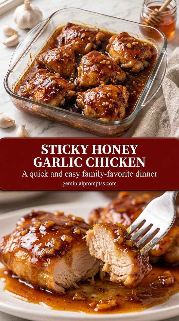 Sticky honey garlic chicken with glossy honey garlic glaze, browned chicken, garlic, and chili flakes