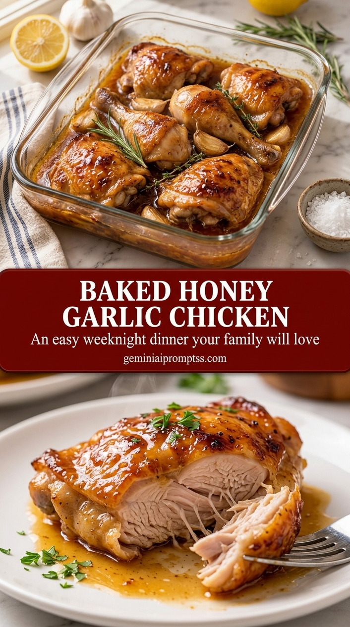 Baked honey garlic chicken with glossy honey garlic glaze, browned chicken, garlic, and thyme
