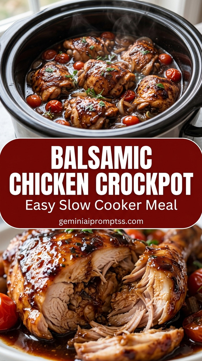 Balsamic chicken crockpot with bite-size chicken pieces with browned edges, glossy sauce, and fresh garnish
