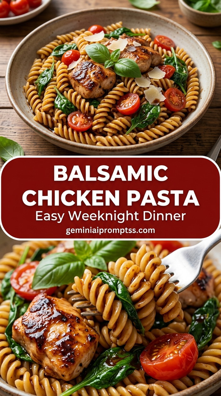 Balsamic chicken pasta with bite-size chicken pieces with browned edges, glossy sauce, and fresh garnish