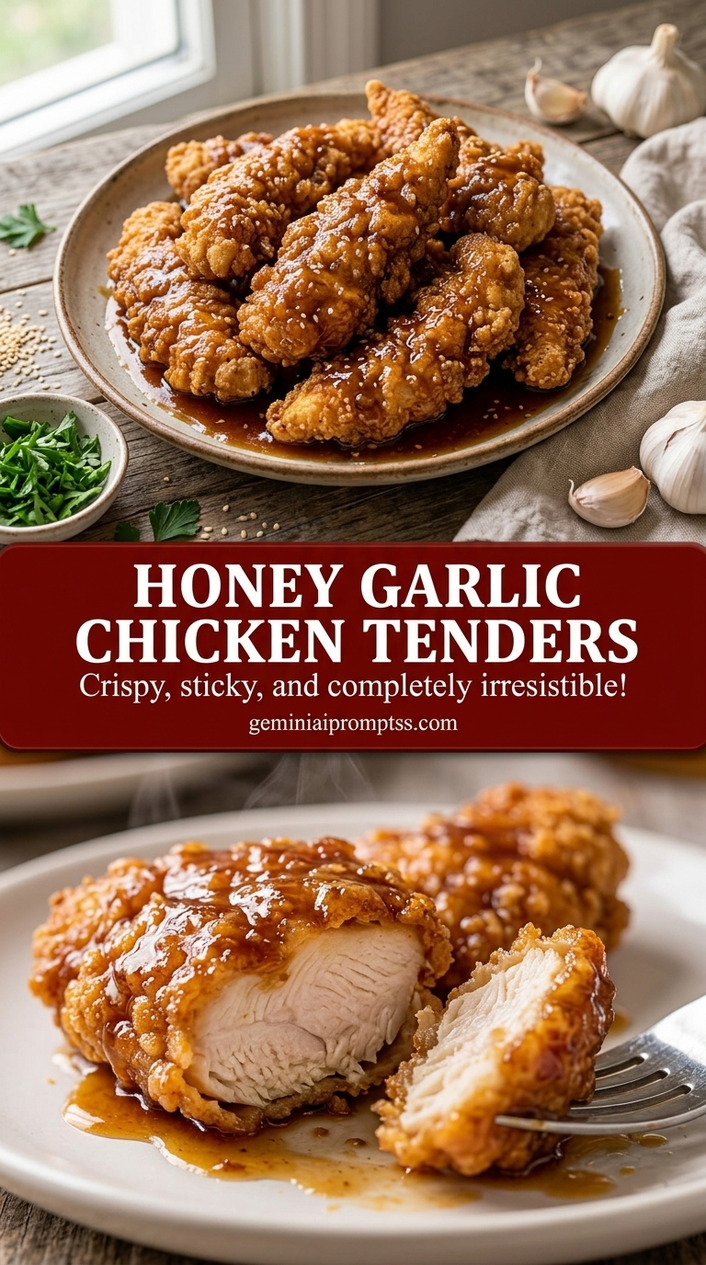 Honey garlic chicken tenders with glossy honey garlic glaze, browned chicken, garlic, and sesame seeds