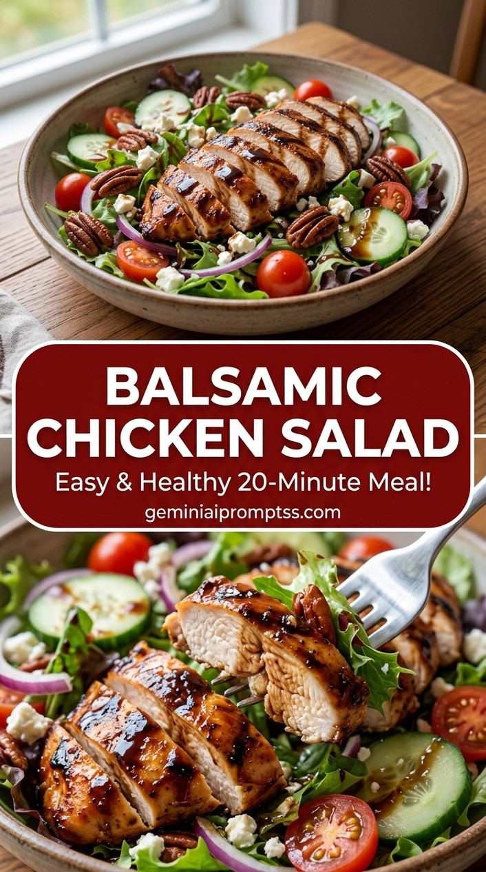 Balsamic chicken salad with bite-size chicken pieces with browned edges, glossy sauce, and fresh garnish