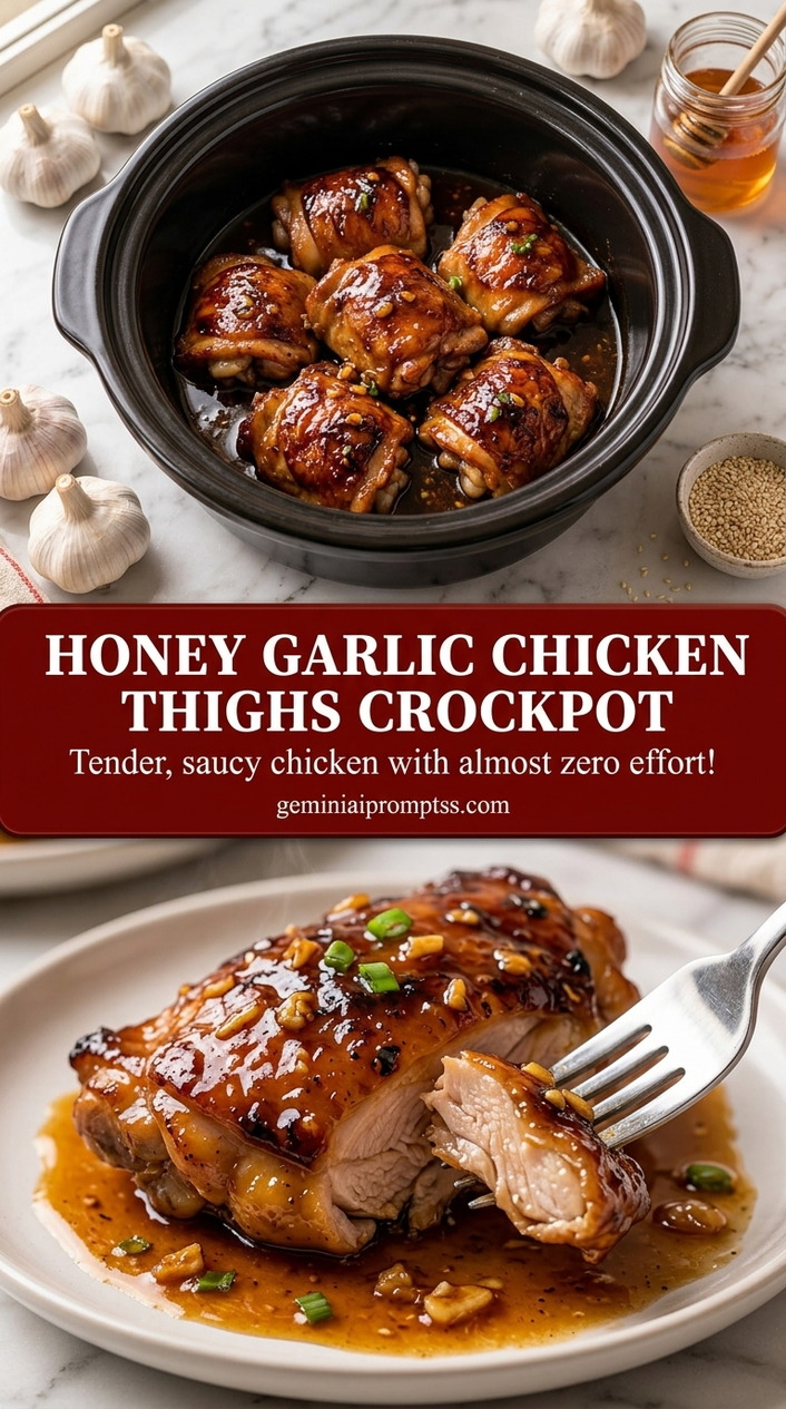 Honey garlic chicken thighs crockpot with glossy honey garlic glaze, browned chicken, garlic, and scallion
