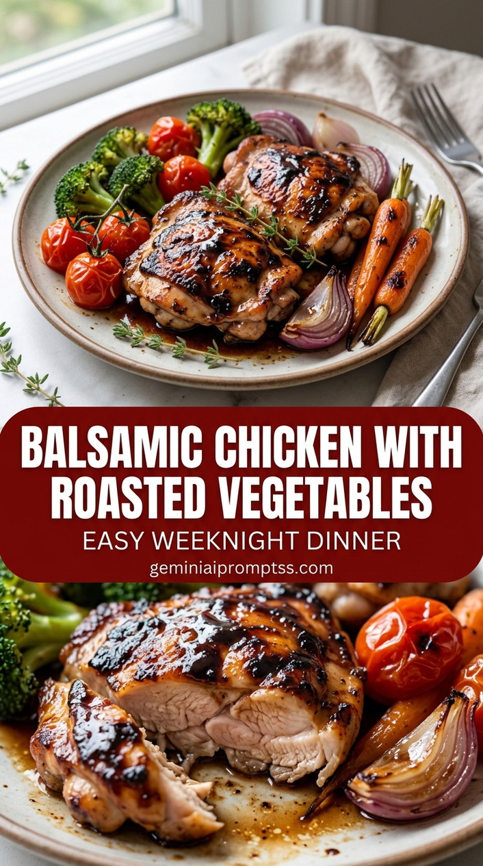 Balsamic chicken with roasted vegetables with bite-size chicken pieces with browned edges, glossy sauce, and fresh garnish