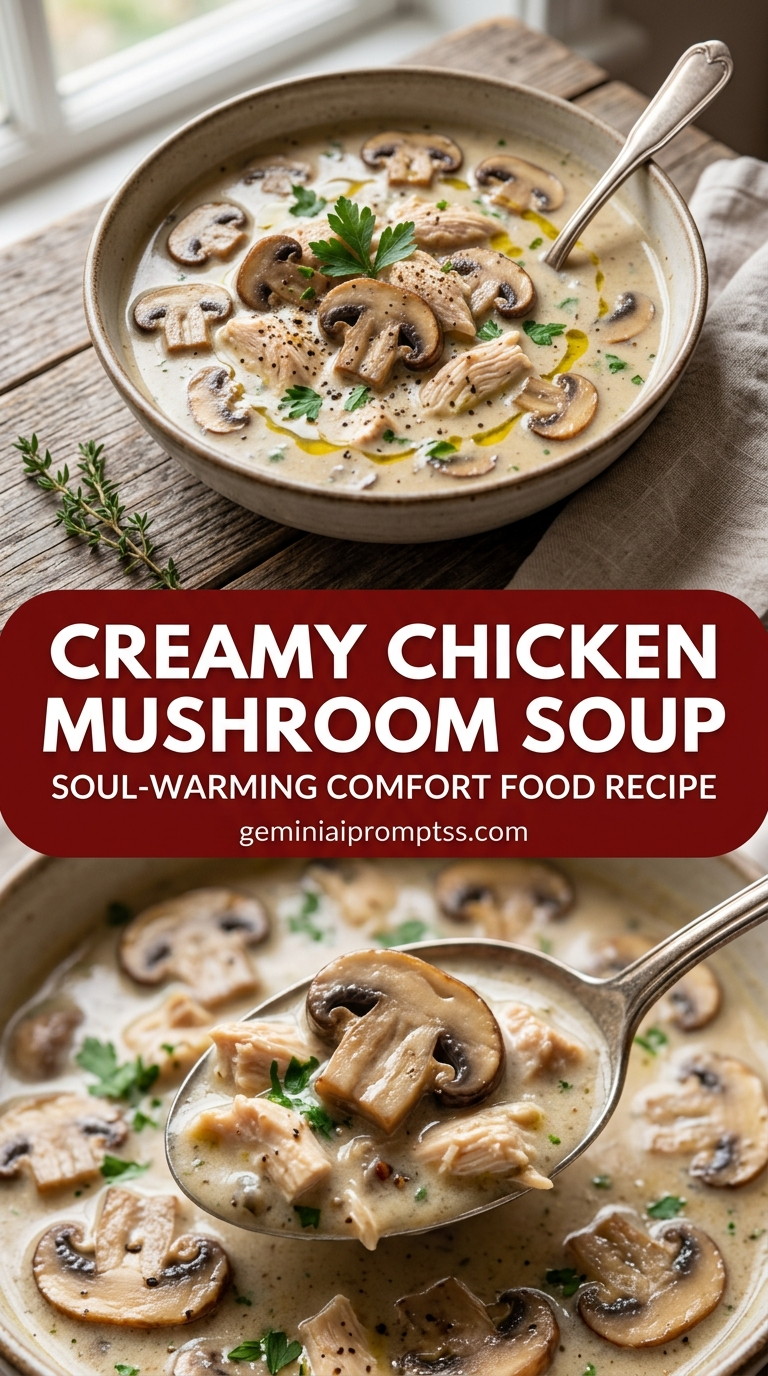 Creamy chicken mushroom soup with tender chicken and silky mushroom cream sauce