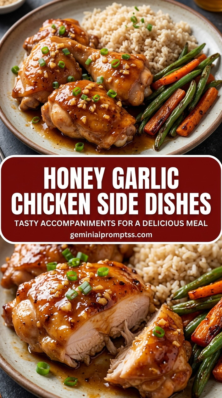 Honey garlic chicken side dishes with bite-size chicken pieces with browned edges, glossy sauce, and fresh garnish