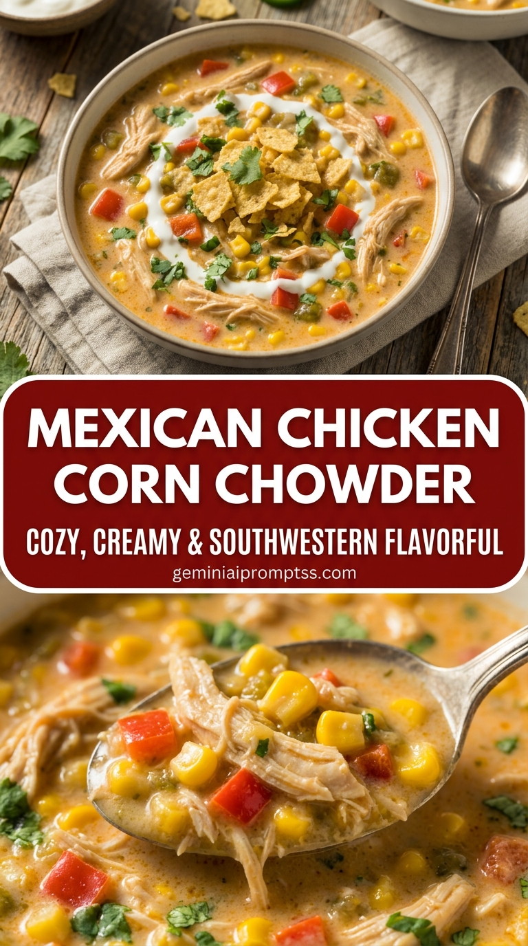 Mexican chicken corn chowder with bite-size chicken pieces with browned edges, glossy sauce, and fresh garnish