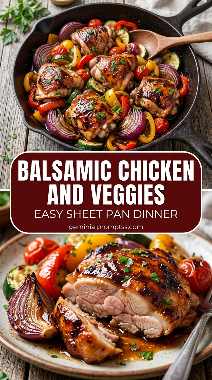 Balsamic chicken and veggies with bite-size chicken pieces with browned edges, glossy sauce, and fresh garnish